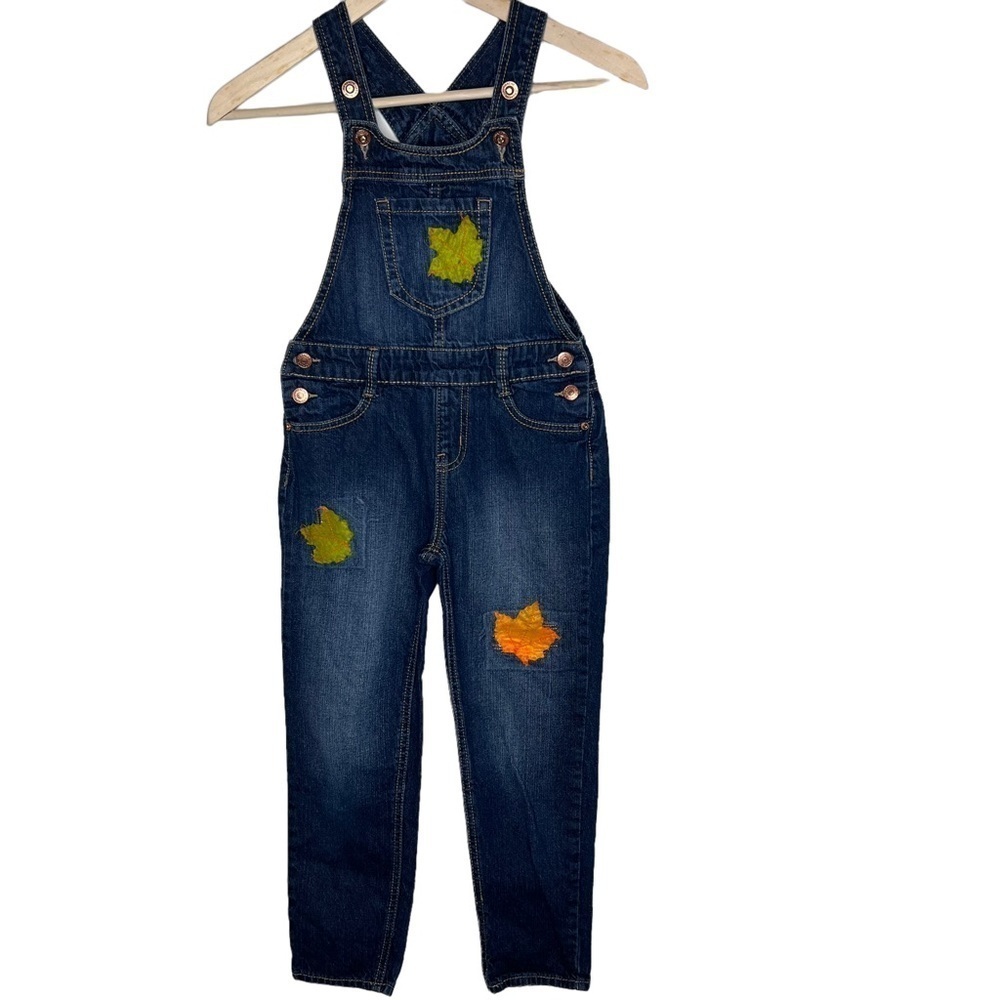 VTG Jordache Y2K Fall Leaves Patches Denim Overalls Size 7 8 Medium
